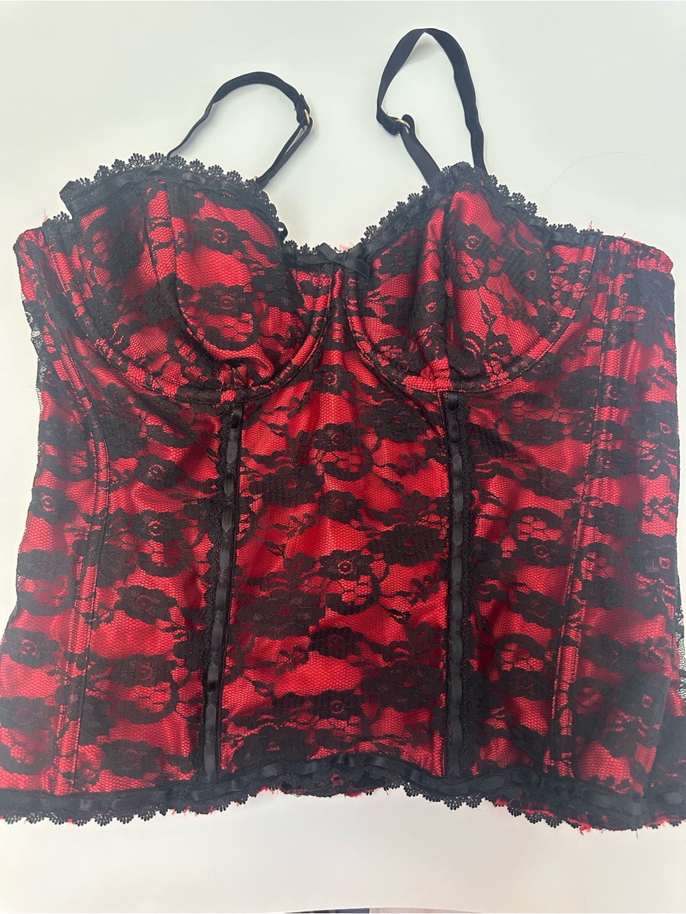 Red Satin Bustier with Black Lace Overlay